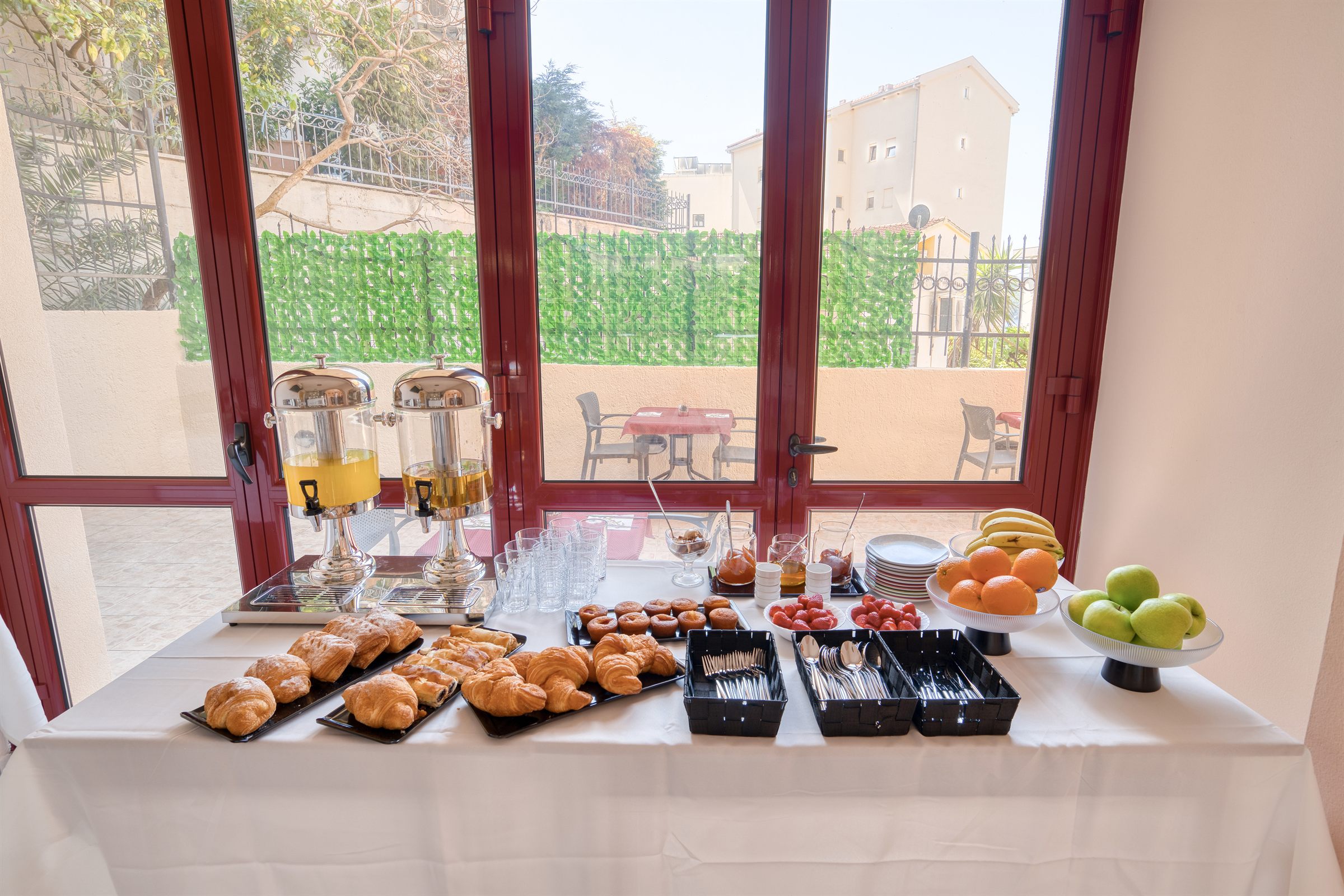 Breakfast spread on the restaurant table